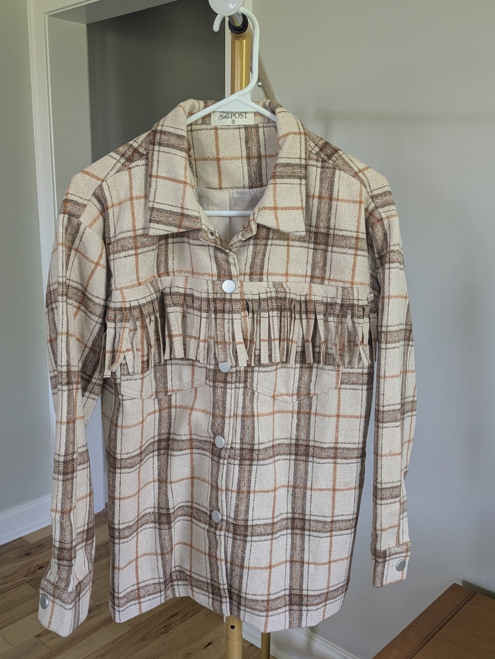 Fringe Plaid Button-Up Shacket in Cream and Brown